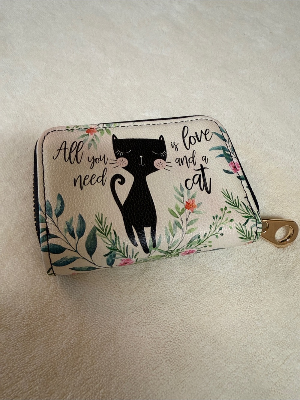 Cat Design Zipper Wallet - Beige with Black Cat